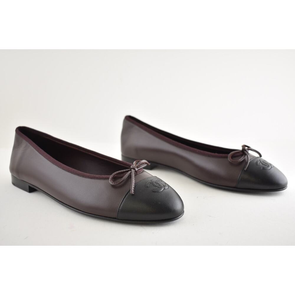 Chanel 26K Chocolate Dark Brown Black Lambskin CC Cap Ballet Ballerina Flat 37.5 - Picture 4 of 16